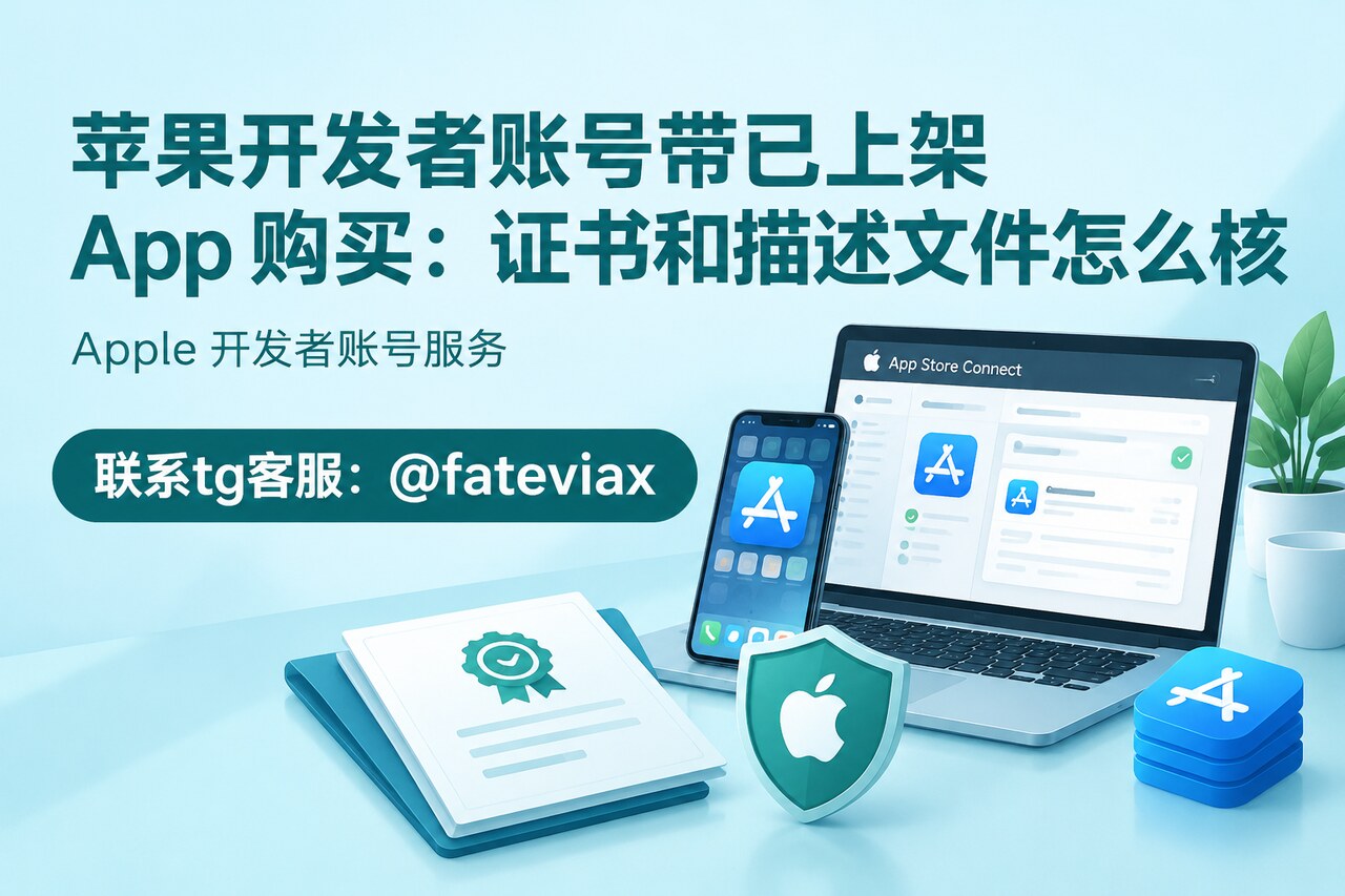 苹果开发者账号购买前核对已上架 App 的证书、描述文件与 Bundle ID 的示意图