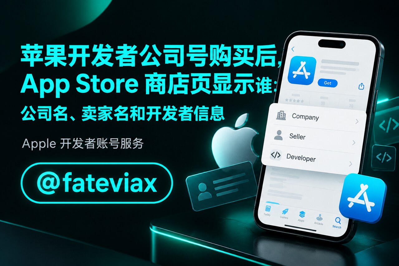 苹果开发者公司号购买后 App Store 商店页展示的卖家名与开发者信息示意
