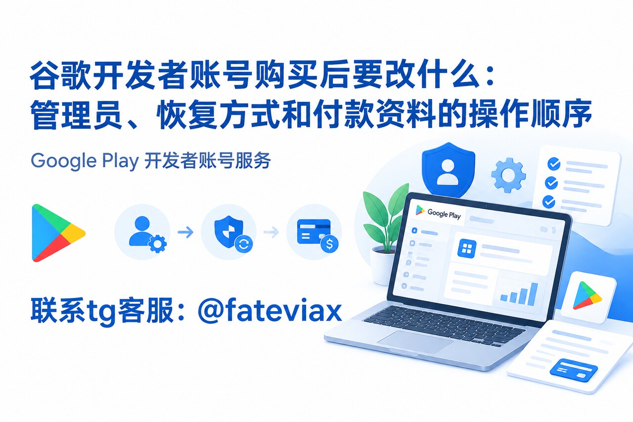 谷歌开发者账号购买后在 Play Console 中核对管理员、恢复方式和付款资料的示意图