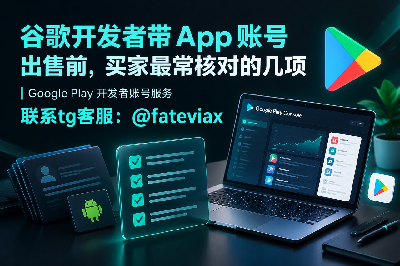 谷歌开发者带 App 老号出售前买家核对账号与应用状态的清单示意