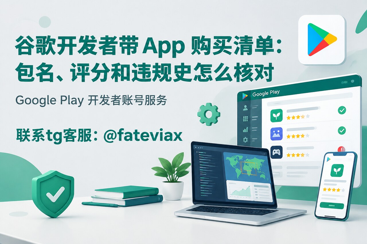 谷歌开发者带 App 账号购买前核对包名、评分与违规记录的清单示意